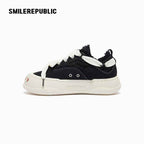 Black Frayed Canvas Platform Sneakers, Unisex Low Top Lace Up Shoes