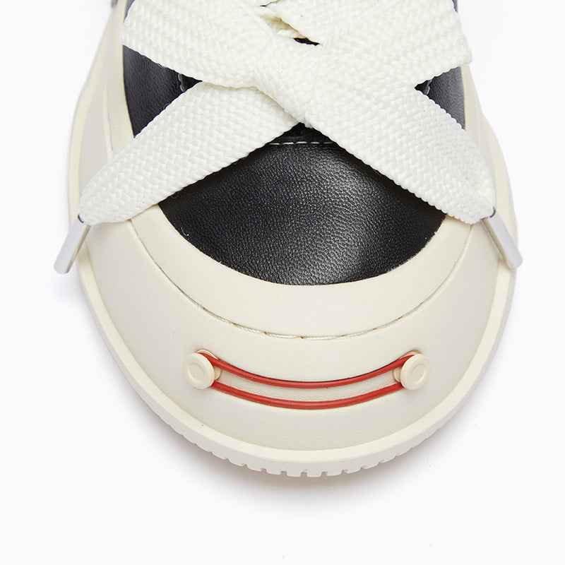 Black Frayed Trim Platform Sneakers with Interchangeable Smile Toe, Low Top Lace Up