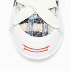 Blue and Black Plaid Tweed Smile Toe Platform Sneakers with Interchangeable Laces, Unisex