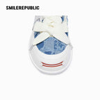 Light Blue Plaid Denim Smile Toe Platform Sneakers, Unisex Lace Up Shoes