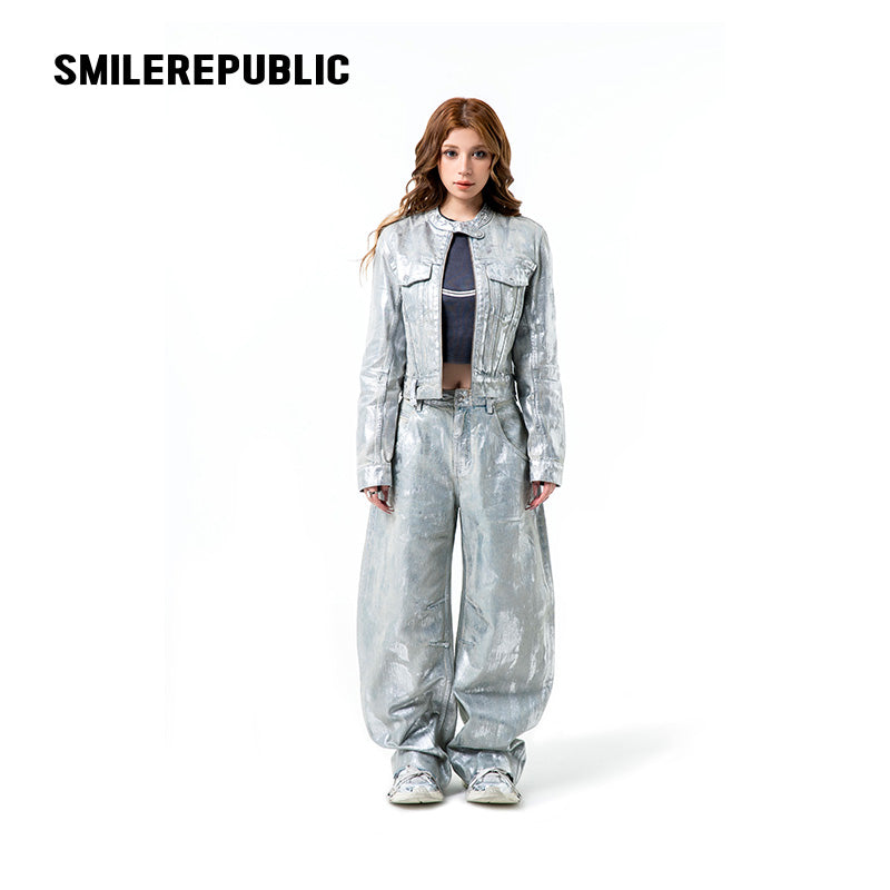 Silver Metallic Coated Cotton Denim Jacket, Cropped Zip Front Stand Collar Style