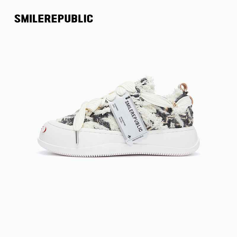 Black and Cream Frayed Tweed Platform Sneakers for Men and Women, Low Top Lace Up Shoes