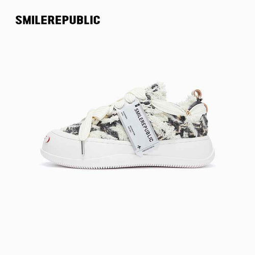 Black and Cream Frayed Tweed Platform Sneakers for Men and Women, Low Top Lace Up Shoes