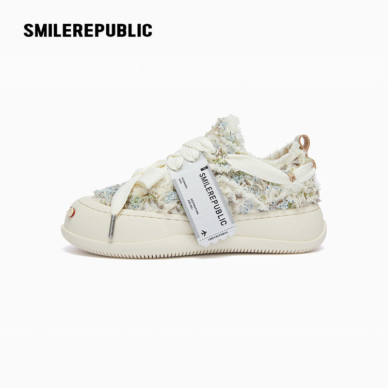 Cream Frayed Textured Low Top Sneakers, Unisex Lace Up Shoes