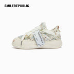 Cream Frayed Textured Low Top Sneakers, Unisex Lace Up Shoes