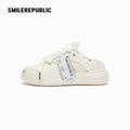 White Frayed Canvas Platform Sneaker Mules, Unisex Backless Lace Up Shoes