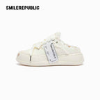 White Frayed Canvas Platform Sneaker Mules, Unisex Backless Lace Up Shoes