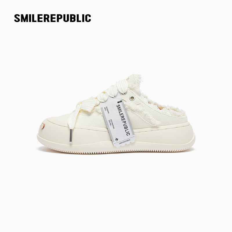 White Frayed Canvas Platform Sneaker Mules, Unisex Backless Lace Up Shoes