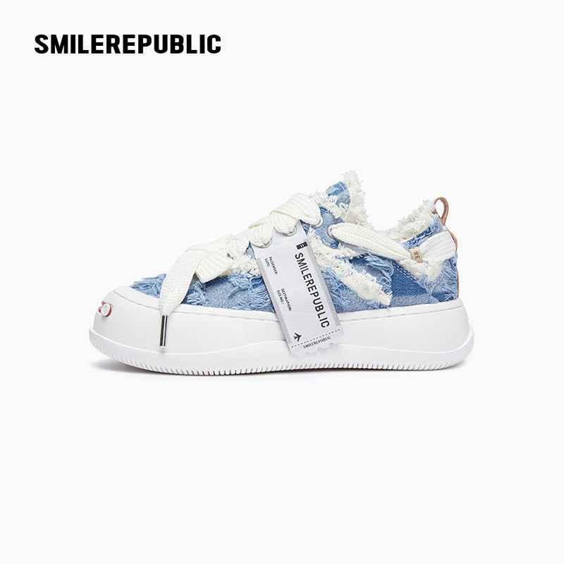 Light Blue Plaid Denim Smile Toe Platform Sneakers, Unisex Lace Up Shoes