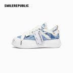 Light Blue Plaid Denim Smile Toe Platform Sneakers, Unisex Lace Up Shoes