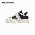 Black Frayed Trim Platform Sneakers with Interchangeable Smile Toe, Low Top Lace Up