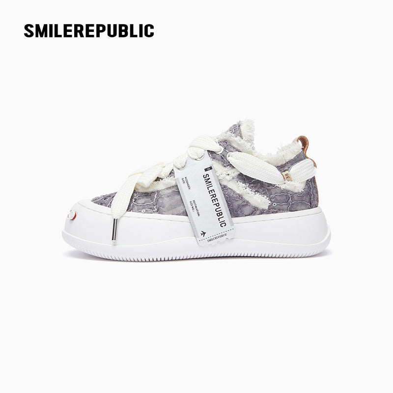 White Grey Textured Low Top Sneakers, Unisex Lace Up Shoes