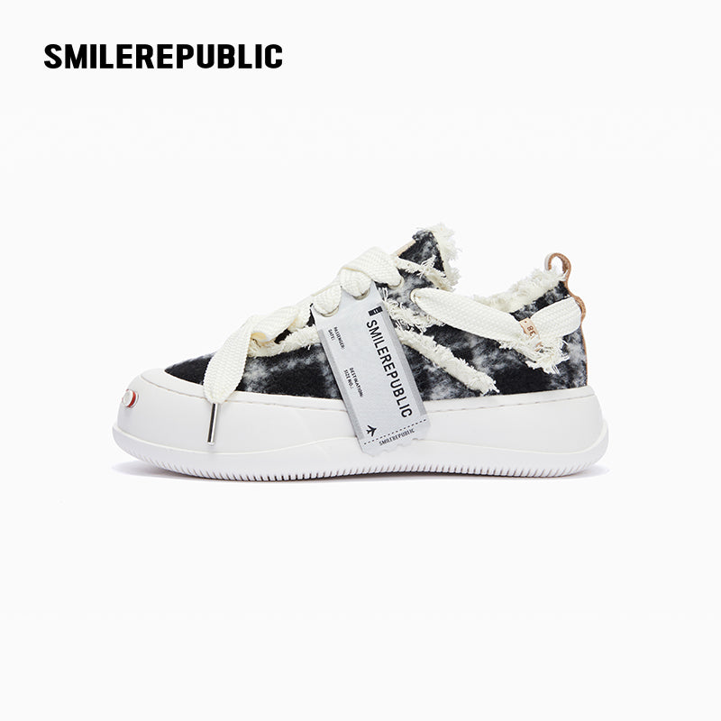Black & White Checkerboard Tweed Platform Low-Top Sneaker