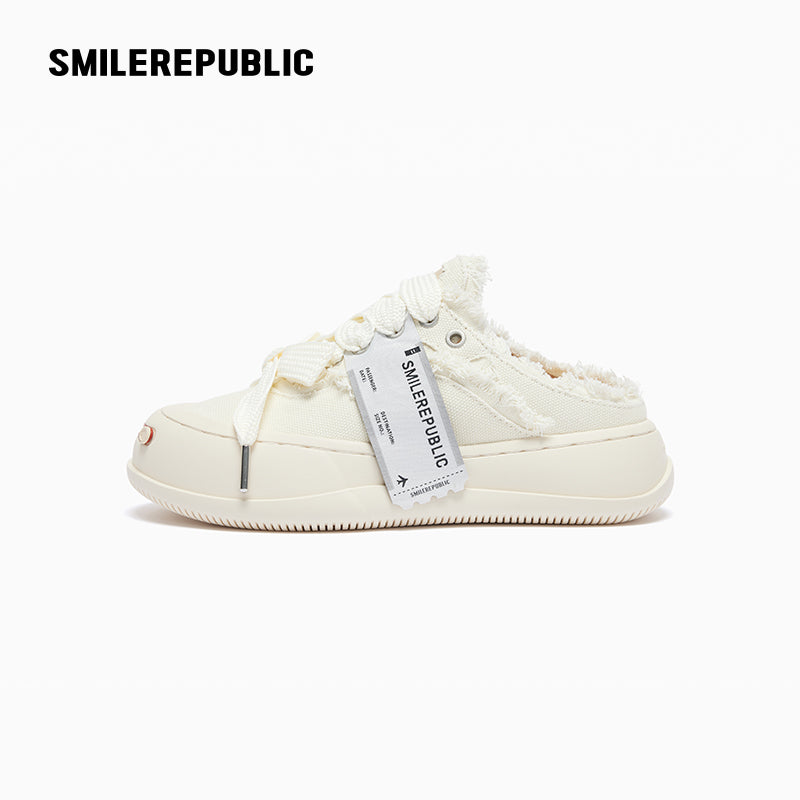 White Coarse Canvas Slippers