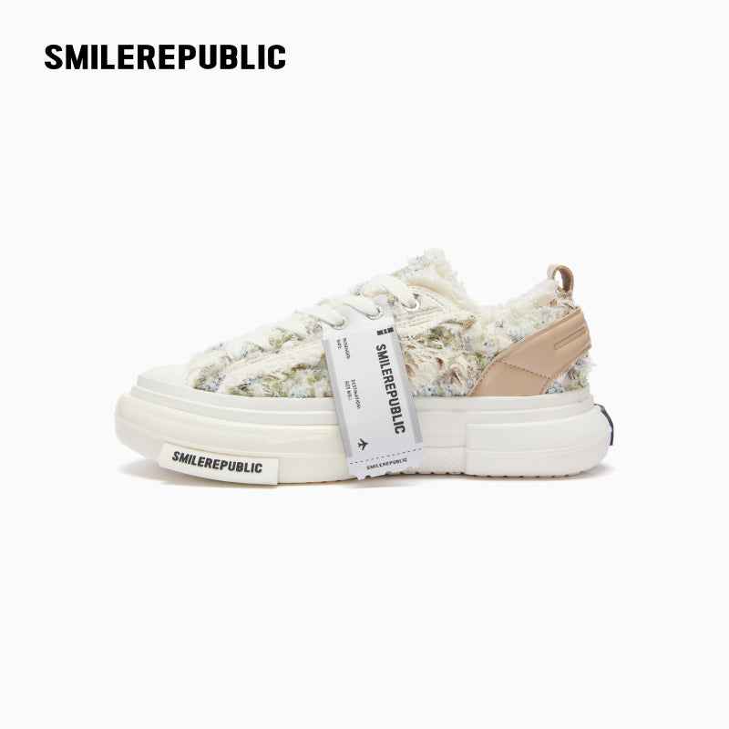 Cream Textured Low Top Platform Sneakers, Unisex Lace Up Shoes