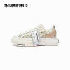 Cream Textured Low Top Platform Sneakers, Unisex Lace Up Shoes