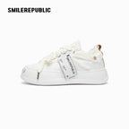 Cream Smile Toe Platform Sneakers, Unisex Low Top Lace Up Shoes