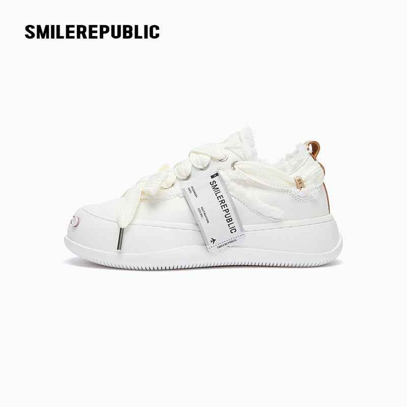 Cream Smile Toe Platform Sneakers, Unisex Low Top Lace Up Shoes