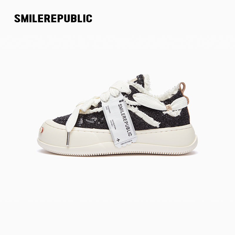 Black Frayed Low Top Platform Sneakers, Unisex Lace Up Shoes