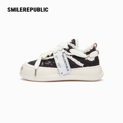Black Frayed Low Top Platform Sneakers, Unisex Lace Up Shoes