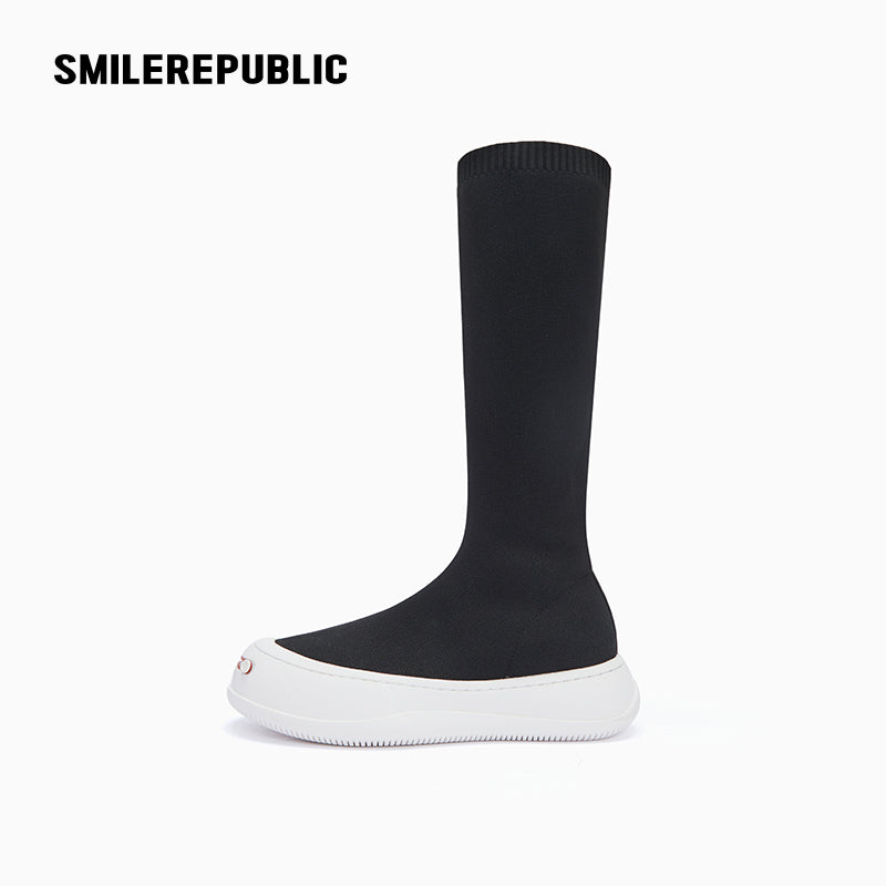 Black Knit Sock Mid-Calf Platform Boot-SMILEREPUBLIC