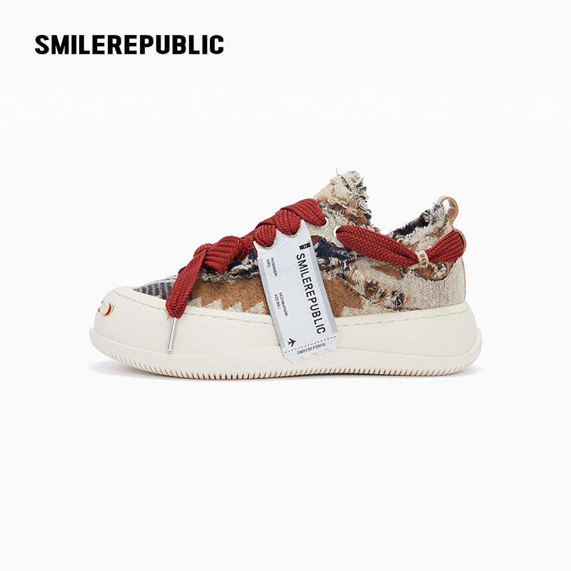 Beige Multicolor Frayed Tweed Low Top Sneakers, Unisex Lace Up Shoes