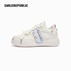 White Frayed Canvas Platform Sneakers, Unisex Low Top Lace Up Shoes
