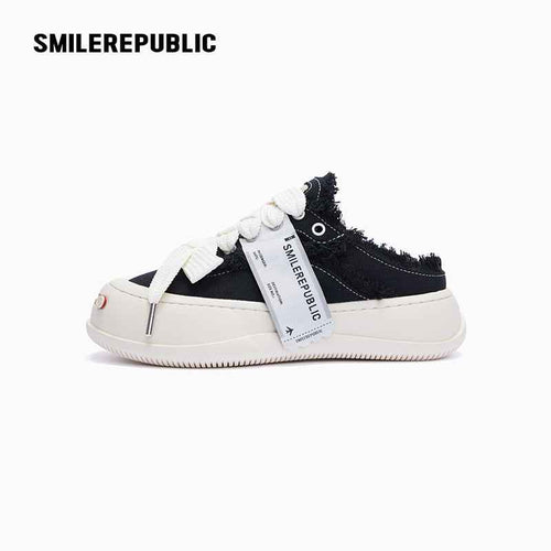 Black Frayed Canvas Platform Sneaker Mules, Unisex Lace Up Backless Shoes