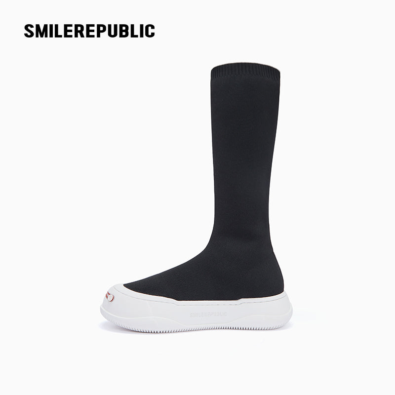 Black Knit Sock Mid-Calf Platform Boot-SMILEREPUBLIC