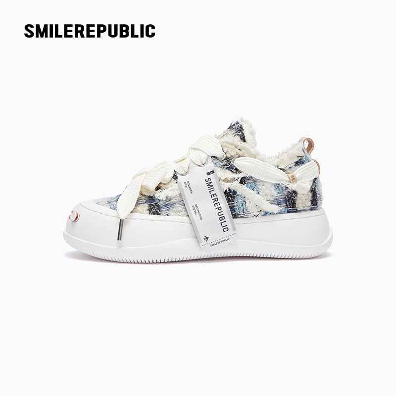Blue and Black Plaid Tweed Smile Toe Platform Sneakers with Interchangeable Laces, Unisex