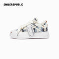 Blue and Black Plaid Tweed Smile Toe Platform Sneakers with Interchangeable Laces, Unisex