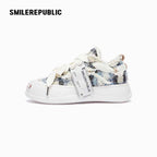 Blue and Black Plaid Tweed Smile Toe Platform Sneakers with Interchangeable Laces, Unisex