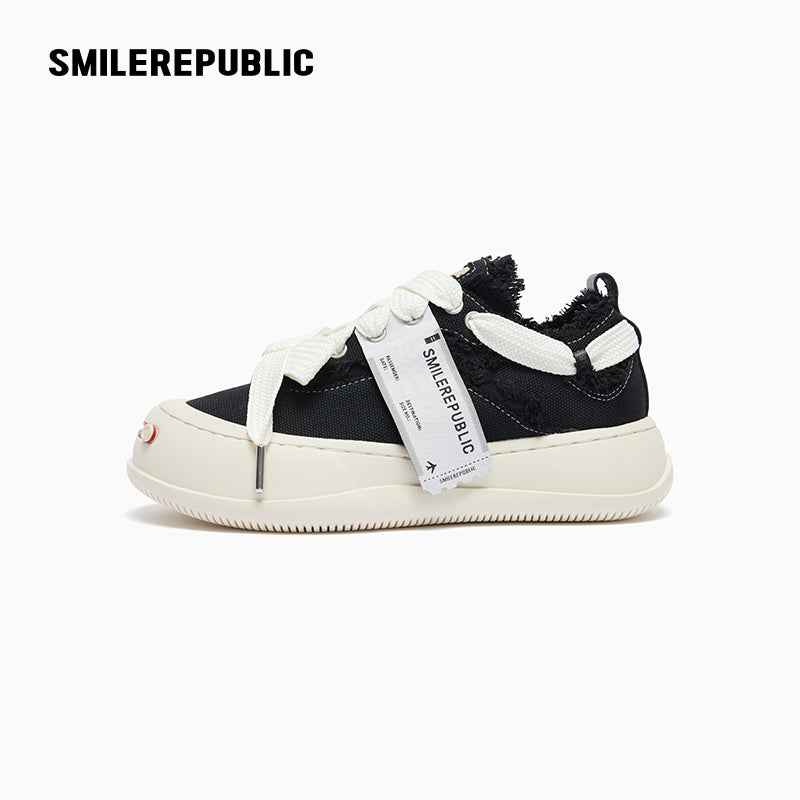 Black Frayed Canvas Platform Sneakers, Unisex Low Top Lace Up Shoes