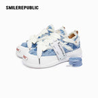 Light Blue Plaid Denim Smile Toe Platform Sneakers, Unisex Lace Up Shoes