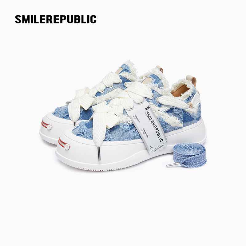 Light Blue Plaid Denim Smile Toe Platform Sneakers, Unisex Lace Up Shoes