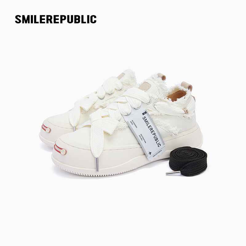 White Frayed Canvas Platform Sneakers, Unisex Low Top Lace Up Shoes