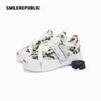 Black and Cream Frayed Tweed Platform Sneakers for Men and Women, Low Top Lace Up Shoes