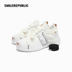 Cream Smile Toe Platform Sneakers, Unisex Low Top Lace Up Shoes