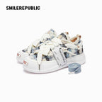 Blue and Black Plaid Tweed Smile Toe Platform Sneakers with Interchangeable Laces, Unisex