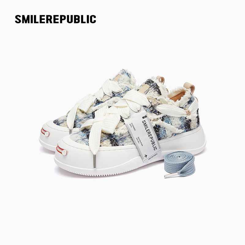 Blue and Black Plaid Tweed Smile Toe Platform Sneakers with Interchangeable Laces, Unisex