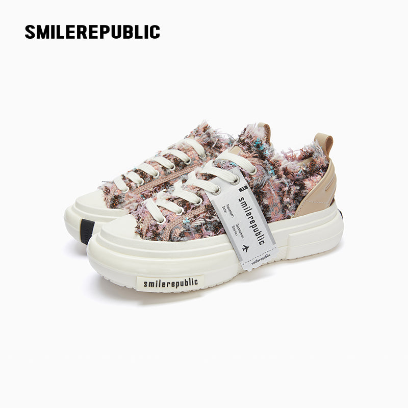 Purple Floral Tweed Low-Top Platform Sneakers with Rubber Sole