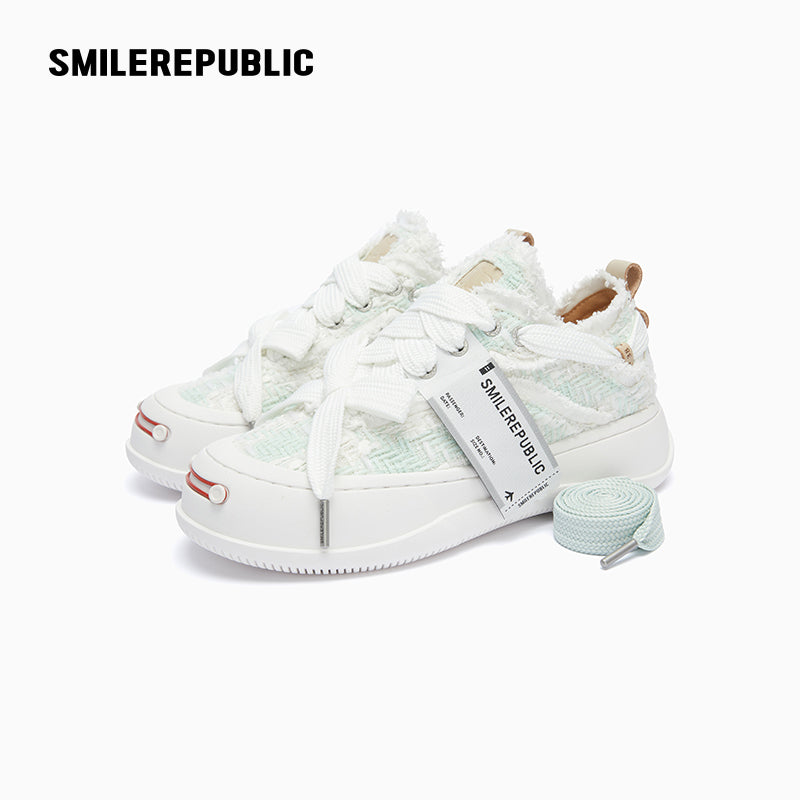 Light Cyan Plaid Tweed Low Top Platform Sneaker