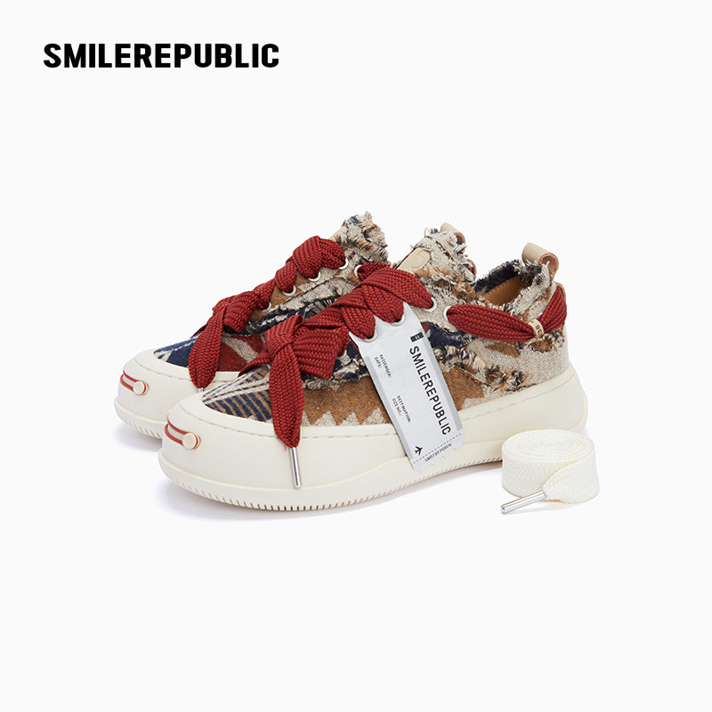 Beige Multicolor Frayed Tweed Low Top Sneakers, Unisex Lace Up Shoes
