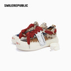 Beige Multicolor Frayed Tweed Low Top Sneakers, Unisex Lace Up Shoes