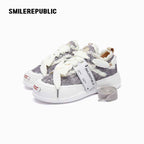 White Grey Textured Low Top Sneakers, Unisex Lace Up Shoes