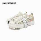 Cream Textured Low Top Platform Sneakers, Unisex Lace Up Shoes