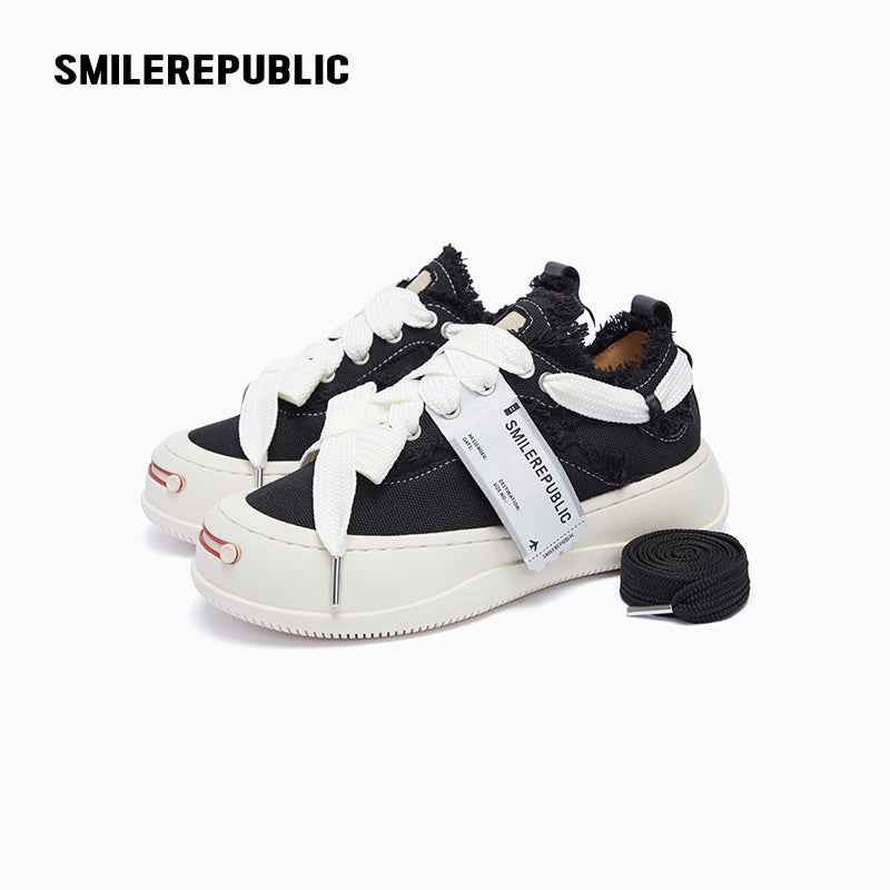 Black Frayed Canvas Platform Sneakers, Unisex Low Top Lace Up Shoes