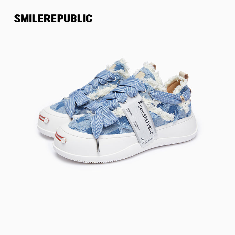 Light Blue Plaid Denim Low-Top Platform Sneaker-SMILEREPUBLIC