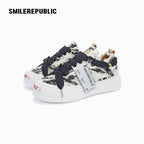 Black and Cream Frayed Tweed Platform Sneakers for Men and Women, Low Top Lace Up Shoes