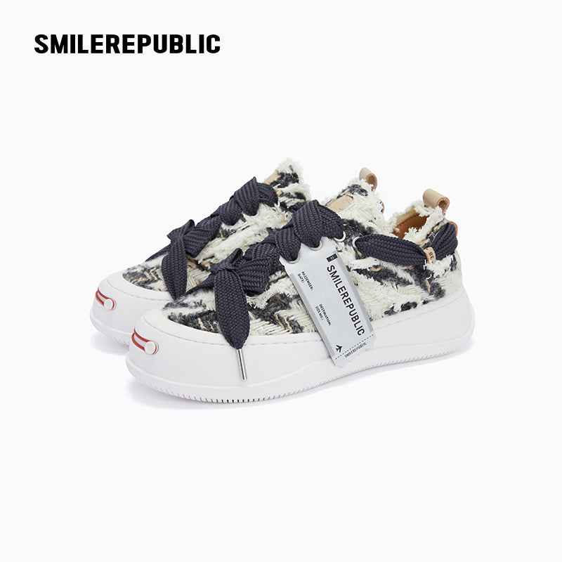 Black and Cream Frayed Tweed Platform Sneakers for Men and Women, Low Top Lace Up Shoes